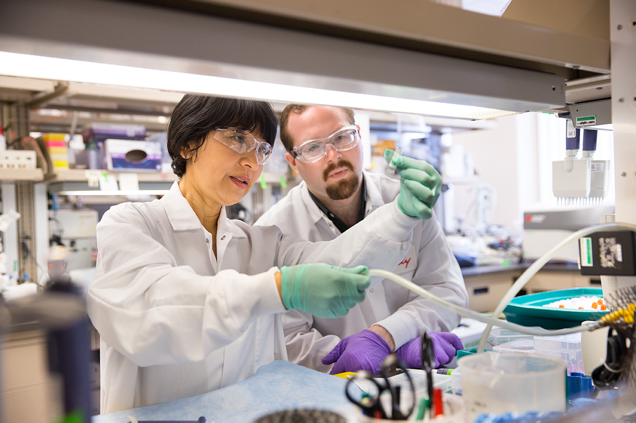 Two Lilly scientists in the lab inspecting a test tube